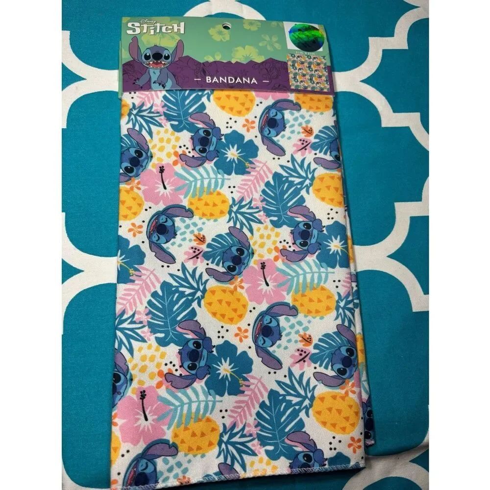 New Disney Stitch Tropical Bandana - Blue, Yellow, Pink 21” x 21”